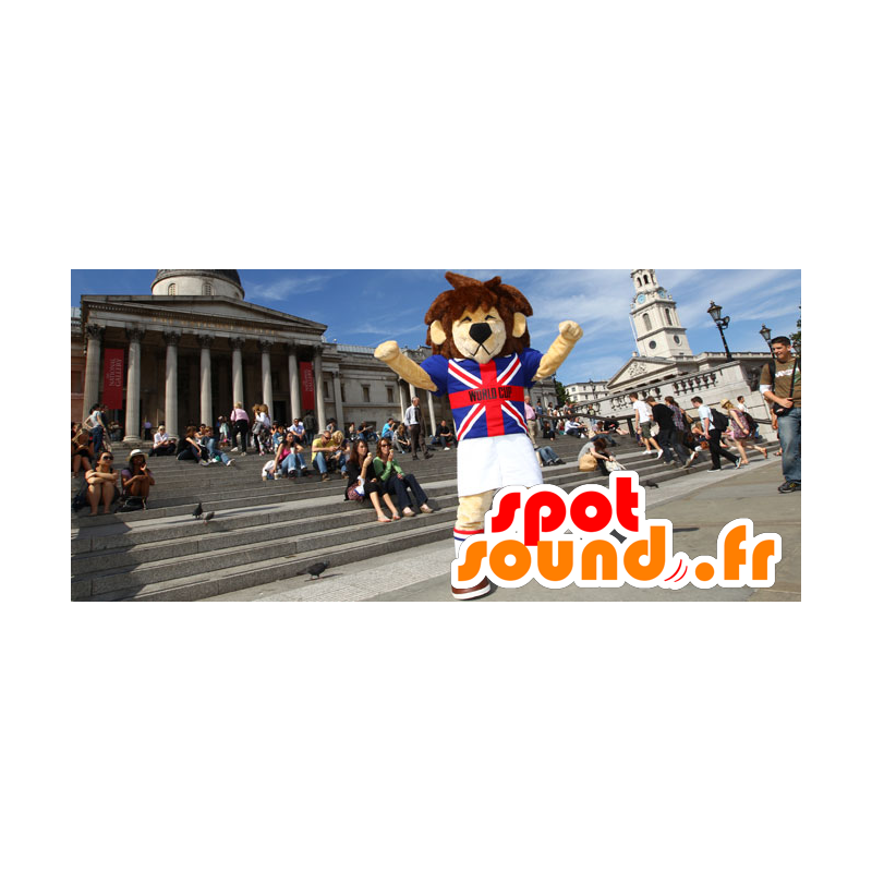 Brun och beige lejonmaskot, med en brittisk t-shirt - Spotsound Brun och beige lejonmaskot, med en brittisk t-shirt - Spotsound