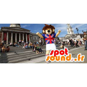 Mascote do leão marrom e bege, com uma camisa britânica - MASFR22456 - Mascotes leão