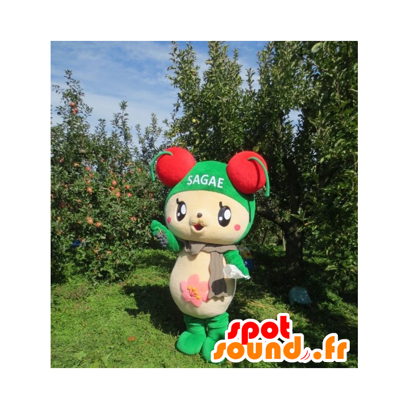 Beige and green teddy mascot with cherries on the head - MASFR22458 - Bear mascot