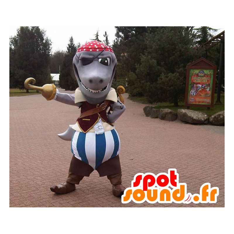 Gray shark mascot dressed in pirate costume - MASFR22460 - Mascottes de Pirate