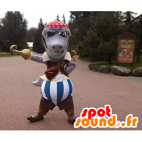 Gray shark mascot dressed in pirate costume - MASFR22460 - Mascottes de Pirate