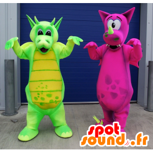 2 drage maskotter, en grøn og en lyserød - Spotsound maskot