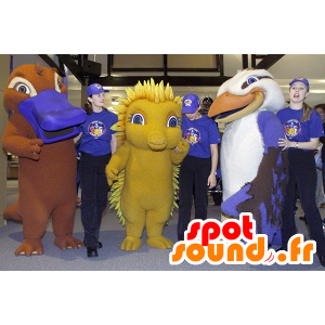 3 mascottes, un oiseau, un hérisson jaune et une loutre - MASFR22471 - Mascotte d'oiseaux