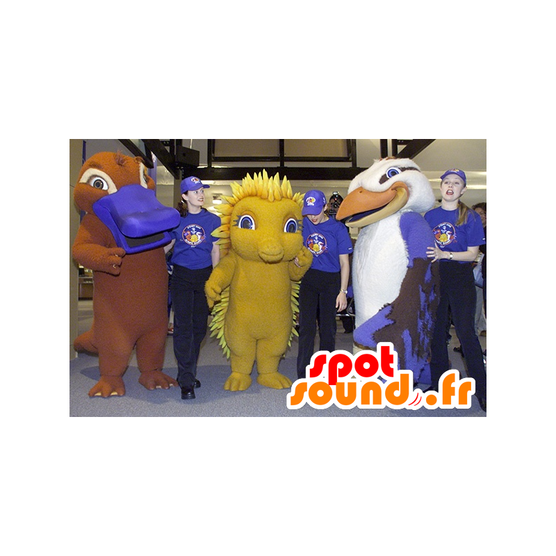 3 μασκότ, ένα πουλί, ένα κίτρινο και ένα hedgehog βίδρα - MASFR22471 - μασκότ πουλιών 3 μασκότ, ένα πουλί, ένα κίτρινο και ένα hedgehog βίδρα - MASFR22471 - μασκότ πουλιών