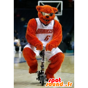 Orange bear mascot with glasses holding basketball - MASFR22473 - Bear mascot