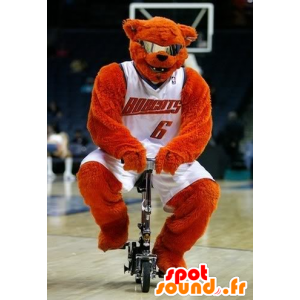 Orange bjørn Mascot med briller holder basketball - MASFR22473 - bjørn Mascot