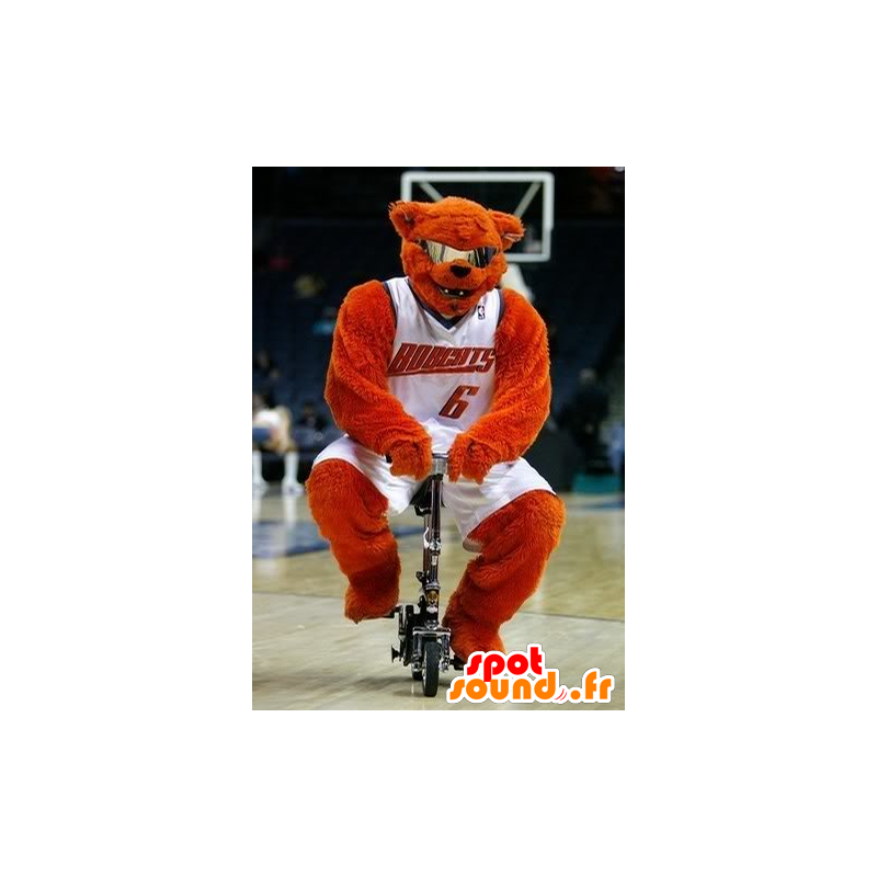 Orange bear mascot with glasses holding basketball - MASFR22473 - Bear mascot