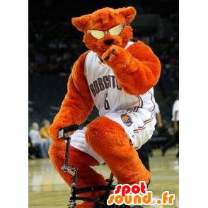 Mascota naranja oso con gafas de la celebración de baloncesto - MASFR22473 - Oso mascota