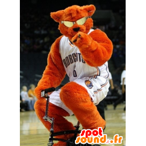 Orange bear mascot with glasses holding basketball - MASFR22473 - Bear mascot