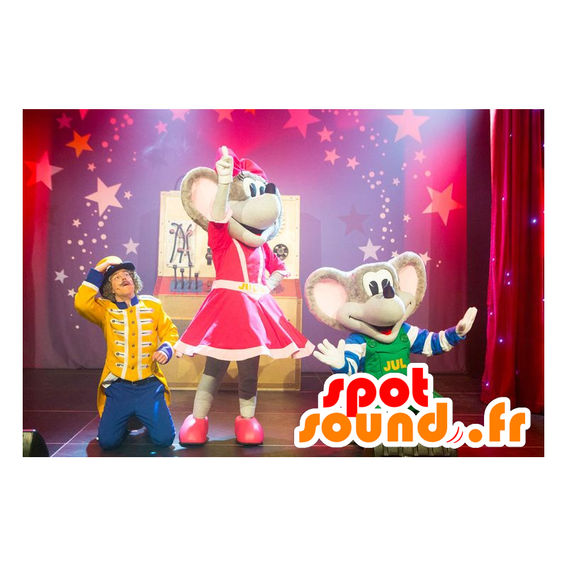 2 mascots gray mouse in colorful outfit - MASFR22474 - Mouse mascot 2 mascots gray mouse in colorful outfit - MASFR22474 - Mouse mascot