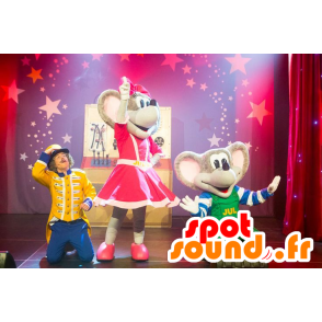 2 mascots gray mouse in colorful outfit - MASFR22474 - Mouse mascot