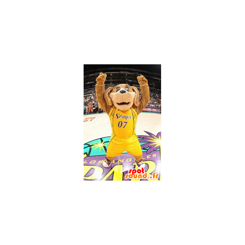 Mascotte de chien marron, en tenue de sport jaune - MASFR22479 - Mascottes de chien Mascotte de chien marron, en tenue de sport jaune - MASFR22479 - Mascottes de chien