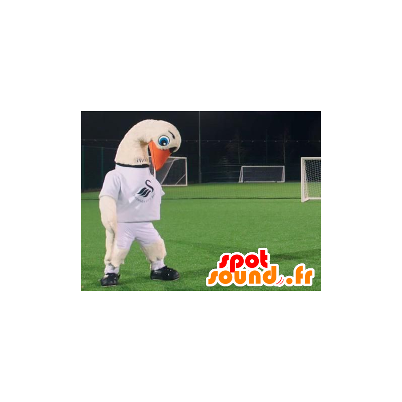 Maskot vit svan, stork med en vit t-shirt - Spotsound maskot