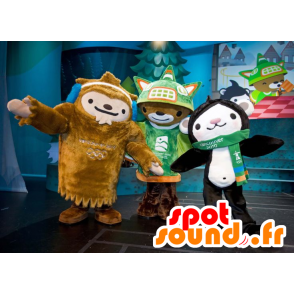 3 maskotter, en bamse, en sort-hvid abe og en brun yeti -