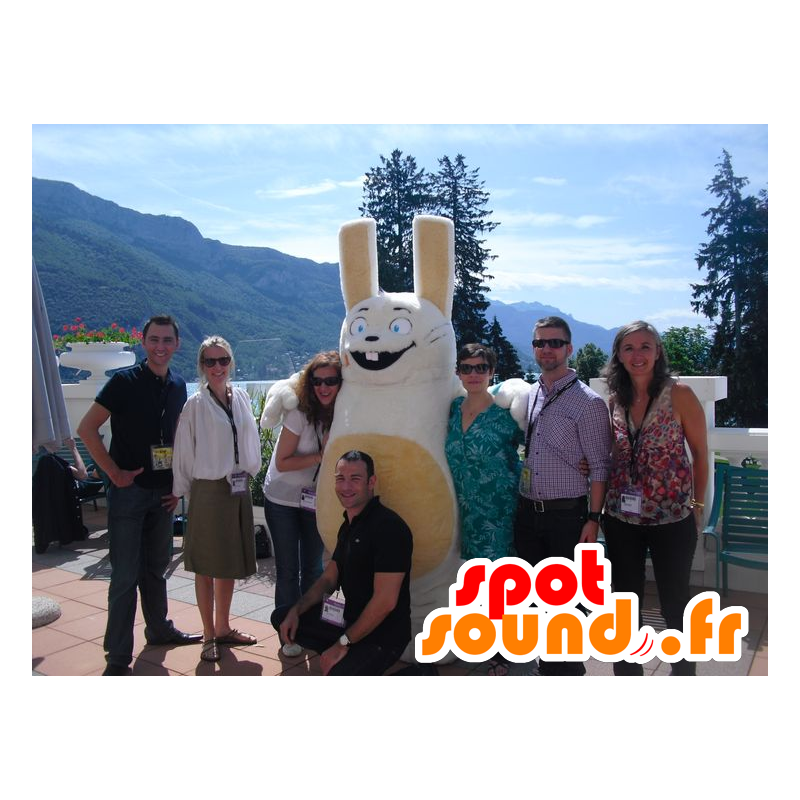 Maskot stor hvid og beige kanin med blå øjne - Spotsound maskot Maskot stor hvid og beige kanin med blå øjne - Spotsound maskot