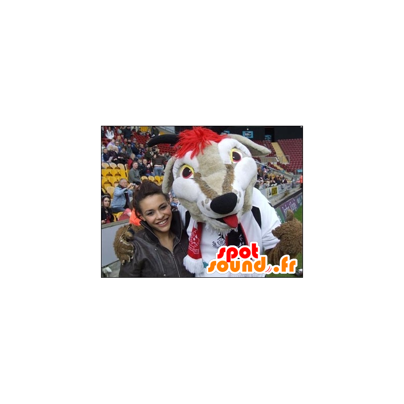 Weiß Hund Maskottchen, beige und rot, in der Sportkleidung - MASFR22496 - Hund-Maskottchen Weiß Hund Maskottchen, beige und rot, in der Sportkleidung - MASFR22496 - Hund-Maskottchen