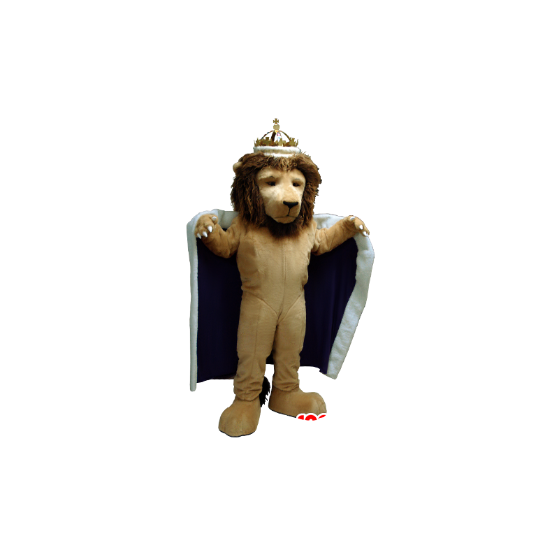 Lev maskot oblečený jako král, s kapucí a korunou - MASFR22503 - lev Maskoti