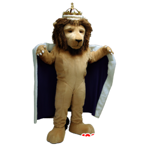 Leijona maskotti pukeutunut kuningas, jolla on viitta ja kruunu - MASFR22503 - Lion Maskotteja
