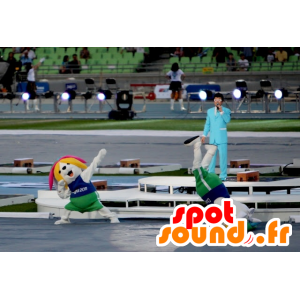 2 honden mascottes, geel en wit in sportkleding - MASFR22509 - Dog Mascottes