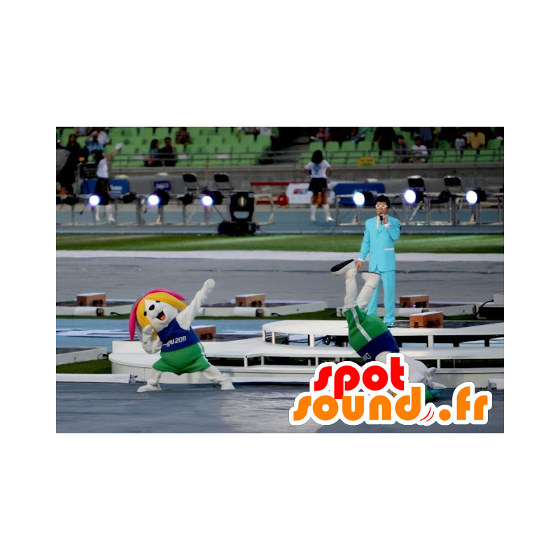 2 koiraa mascots, keltainen ja valkoinen urheiluvaatteet - MASFR22509 - koira Maskotteja 2 koiraa mascots, keltainen ja valkoinen urheiluvaatteet - MASFR22509 - koira Maskotteja