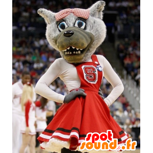 Mascot lobo cinzento com um vestido vermelho - MASFR22511 - Mascotes animais