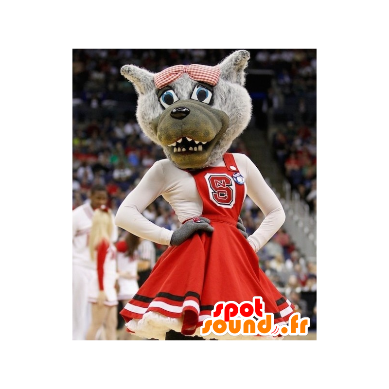 Mascot lobo cinzento com um vestido vermelho - MASFR22511 - Mascotes animais