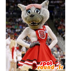 Mascot lobo cinzento com um vestido vermelho - MASFR22511 - Mascotes animais