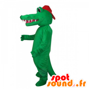 Grön krokodilmaskot, helt naken, med en keps - Spotsound maskot