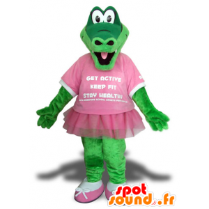 πράσινο μασκότ κροκοδείλων, με μια ροζ φούστα - MASFR22517 - κροκόδειλοι μασκότ