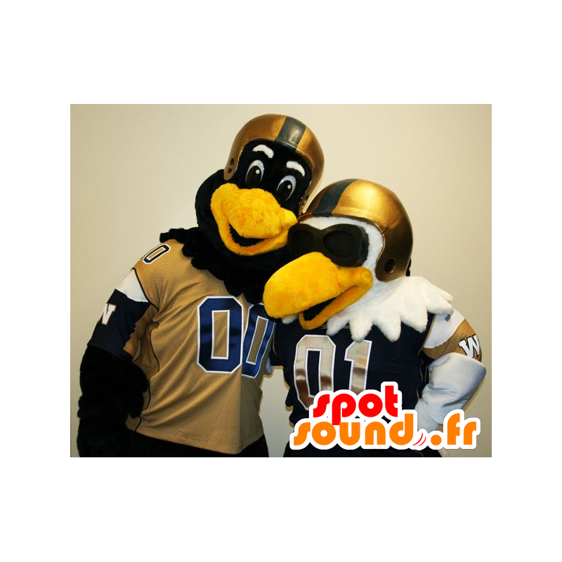 2 fuglemaskoter, en svart og en hvit, med hjelmer - MASFR22529 - Mascot fugler 2 fuglemaskoter, en svart og en hvit, med hjelmer - MASFR22529 - Mascot fugler