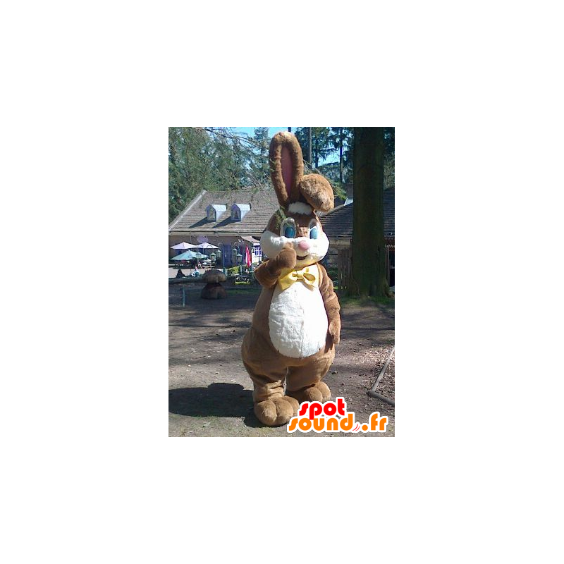 Maskot stor brun og hvid kanin med en slips - Spotsound maskot