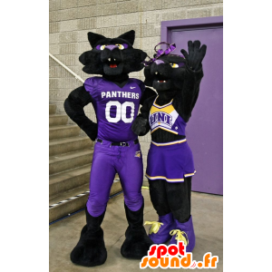 2 mascottes de panthères noires, de chats en tenues violettes - MASFR22534 - Mascottes de chat