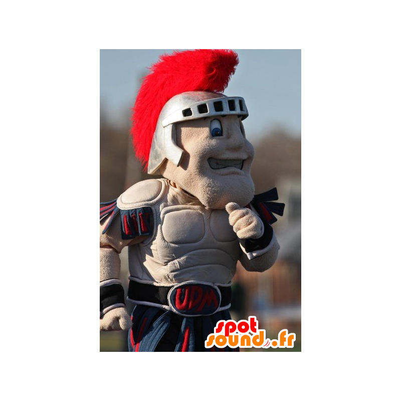 Mascote cavaleiro jovial, com um capacete e uma armadura cinza - MASFR22537 - cavaleiros mascotes