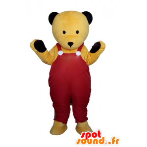 Yellow teddy Maskottchen, in rot Overalls - MASFR22600 - Bär Maskottchen