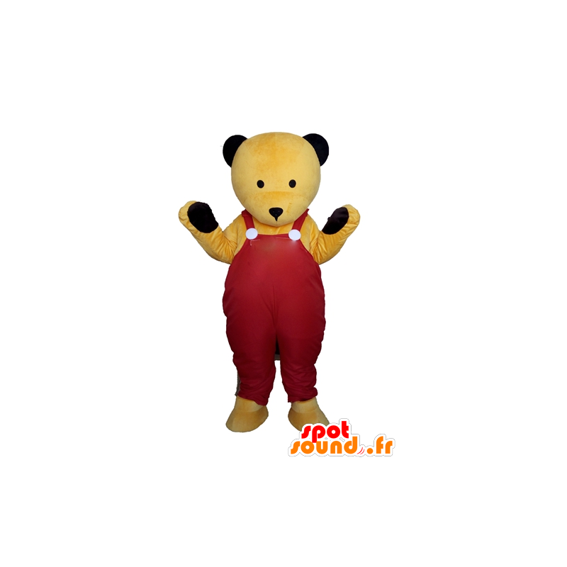 Giallo mascotte orsacchiotto, in tuta rossa - MASFR22600 - Mascotte orso