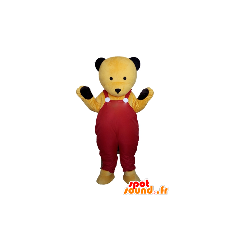 Mascotte de nounours jaune, en salopette rouge - MASFR22600 - Mascotte d'ours