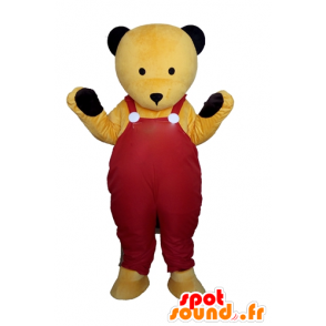 Yellow teddy mascot, in red overalls - MASFR22600 - Bear mascot