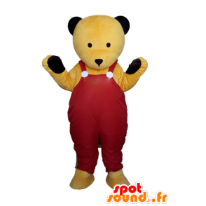 黄色のテディベアのマスコット、赤いオーバーオール-MASFR22600-クマのマスコット