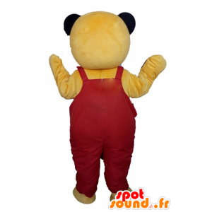 Yellow teddy mascot, in red overalls - MASFR22600 - Bear mascot