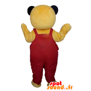 Gul teddy maskot i røde kjeledresser - MASFR22600 - bjørn Mascot