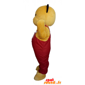 Yellow teddy mascot, in red overalls - MASFR22600 - Bear mascot