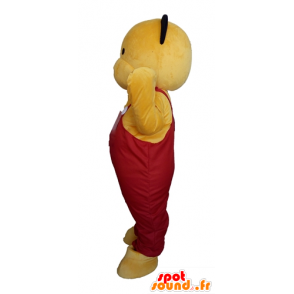 Gele teddy mascotte in rode overalls - MASFR22600 - Bear Mascot