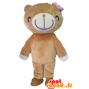 Mascotte d'ourse beige et blanche, avec un large sourire - MASFR22609 - Mascotte d'ours