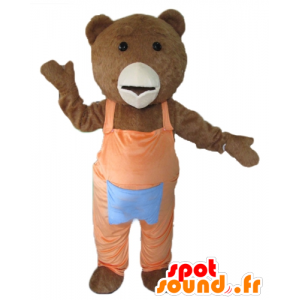 Mascot brauner und weißer Bär mit einem orangefarbenen Overall - MASFR22610 - Bär Maskottchen