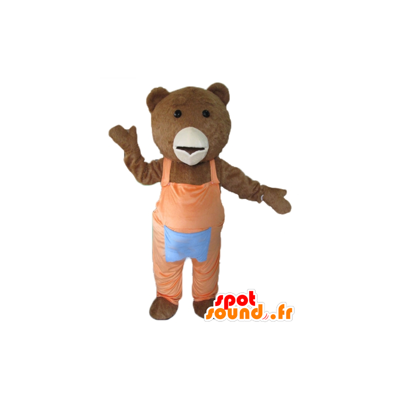 Mascot castanho e branco com um urso uniforme laranja - MASFR22610 - mascote do urso