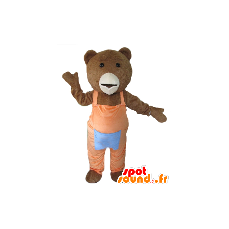 Mascotte d'ours marron et blanc, avec une salopette orange - MASFR22610 - Mascotte d'ours