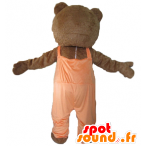 Mascotte d'ours marron et blanc, avec une salopette orange - MASFR22610 - Mascotte d'ours