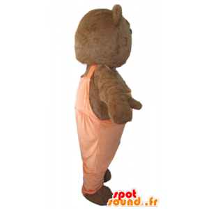 Mascota del oso marrón y blanco con un mono naranja - MASFR22610 - Oso mascota