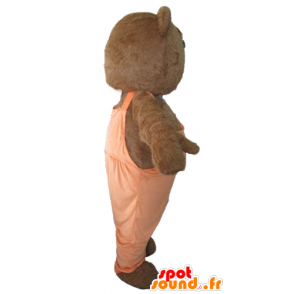 Brun och vit björnmaskot med orange overaller - Spotsound maskot