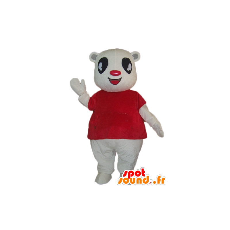 Hvit teddy maskot med en rød skjorte - MASFR22612 - bjørn Mascot